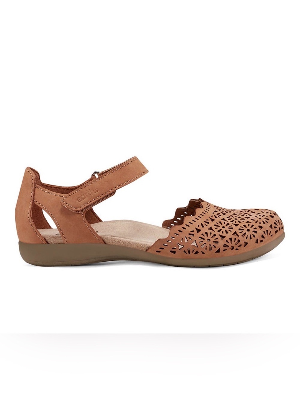 Earthies Brown Laser-Cut Leather Sandal with Velcro Strap